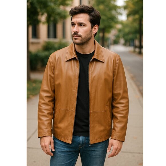 Excelled Other - Men's Tan Leather Zip-Front Jacket